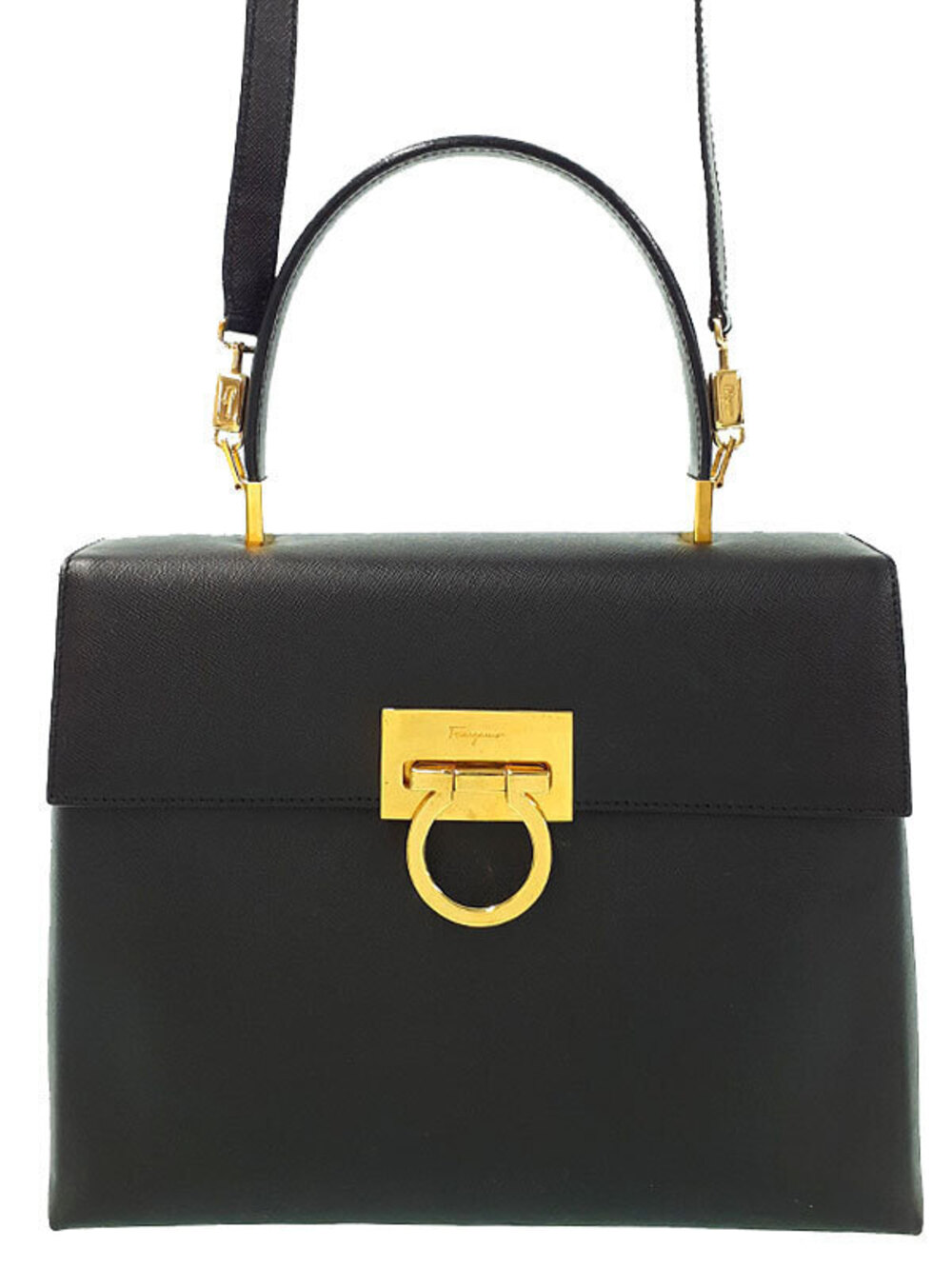 Salvatore Ferragamo black leather Gancini top handle 2way bag Gancini flip